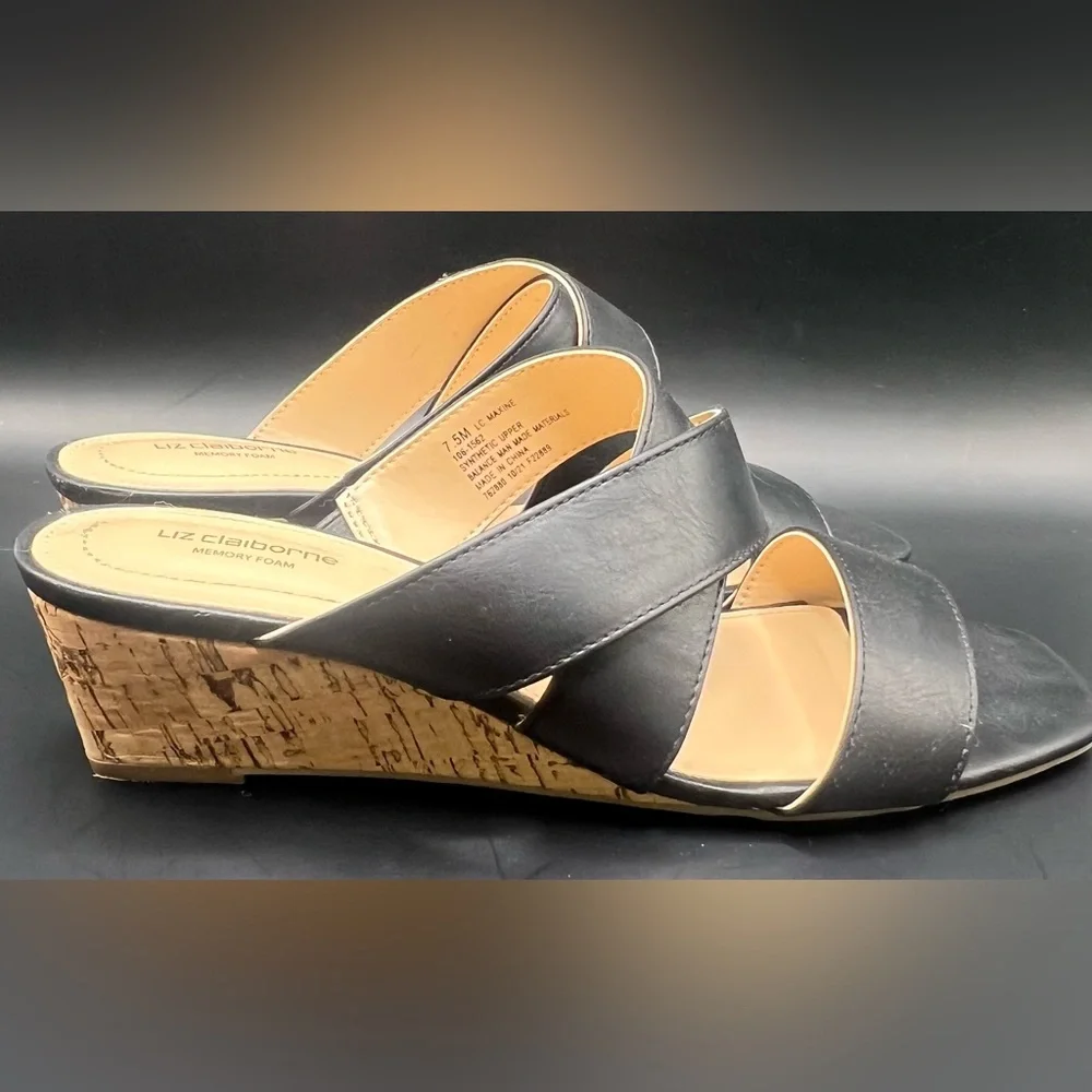 Liz Claiborne- Black‎ Leather Women's Sandals, Cork bottom wedge, Size:7-1/2